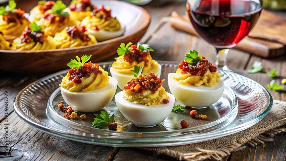 Elegant Deviled Eggs with Bacon Crumble & Red Wine Double Exposure Stock Photo Elegant Deviled Eggs with Bacon Crumble & Red Wine Double Exposure Stock Photo
