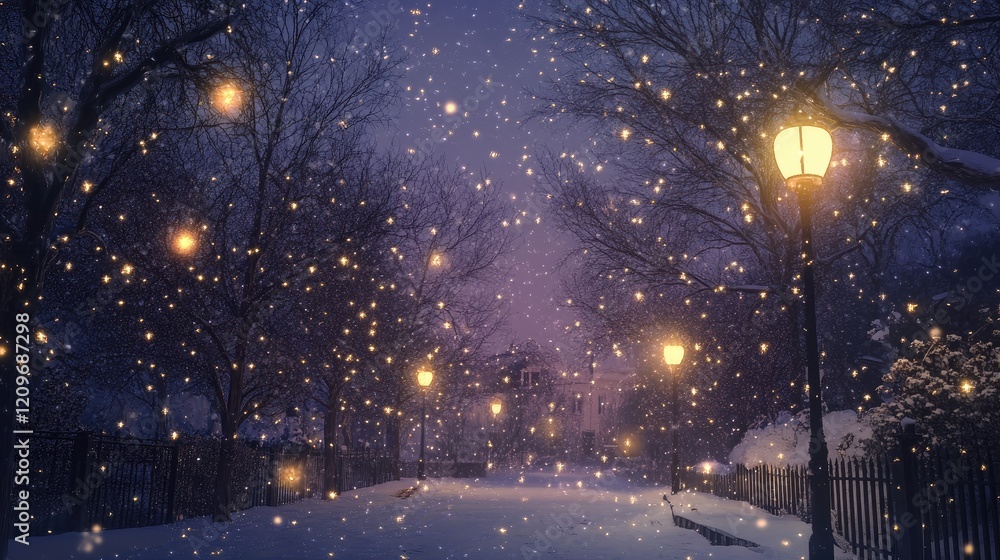Enchanting winter night with a starry sky, softly glowing street lamps, and delicate snowfall creating a magical atmosphere. Enchanting winter night with a starry sky, softly glowing street lamps, and delicate snowfall creating a magical atmosphere.