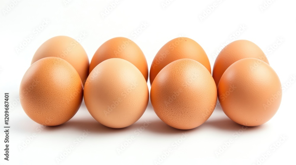 Eight brown eggs arranged in a row isolated on a white background showcasing their smooth surfaces and natural color. Eight brown eggs arranged in a row isolated on a white background showcasing their smooth surfaces and natural color.