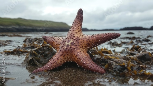 Starfish resting on sandy beach surrounded by seaweed with a cloudy sky in the background showcasing nature's beauty and marine life. photo