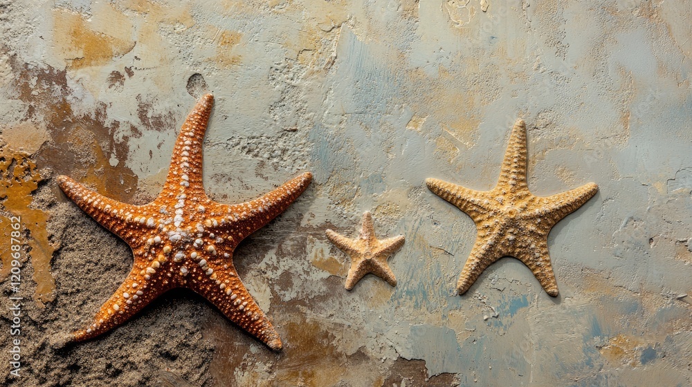 Three starfish on a textured sandy beach creating an artistic composition with vibrant colors and natural beauty. Three starfish on a textured sandy beach creating an artistic composition with vibrant colors and natural beauty.