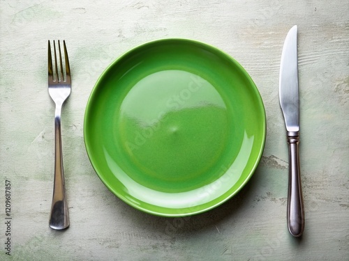 Elegant Empty Green Plate with Cutlery -  Ready for Food Styling