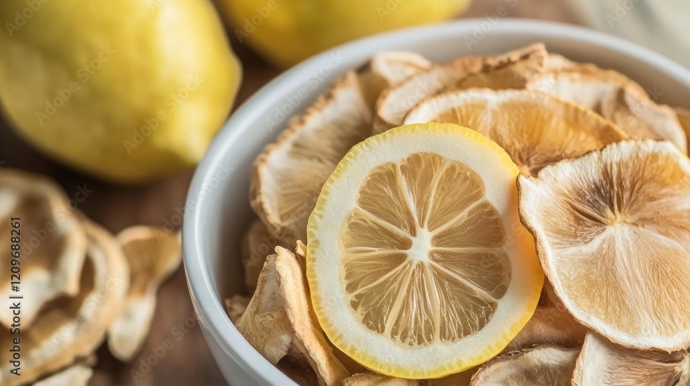 Dried Fruit and Lemon Slice in Bowl with Fresh Lemons on Wooden Surface Healthy Snack Concept Dried Fruit and Lemon Slice in Bowl with Fresh Lemons on Wooden Surface Healthy Snack Concept