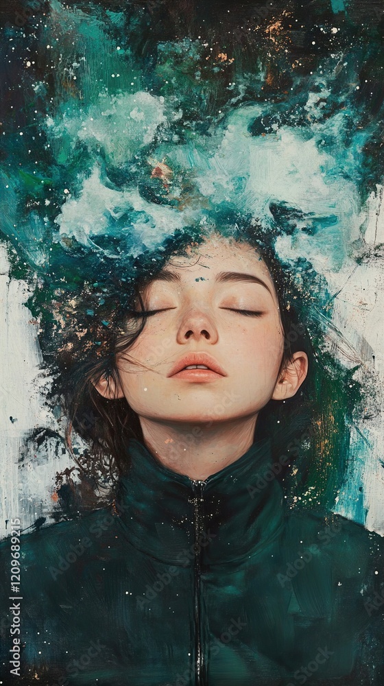 Fototapeta premium Cosmic Woman: A Dreamy Portrait in Teal and Green