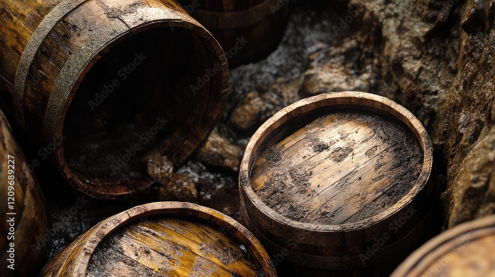 Wooden barrels in a rustic setting surrounded by rocks and water creating an atmospheric and aged ambiance ideal for vintage themes. Wooden barrels in a rustic setting surrounded by rocks and water creating an atmospheric and aged ambiance ideal for vintage themes.