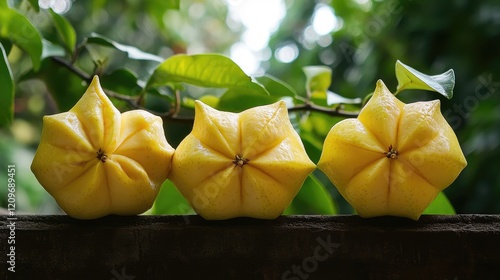 Star Apples on a rustic wooden surface with lush green foliage in the background showcasing their vibrant yellow color and unique shape photo