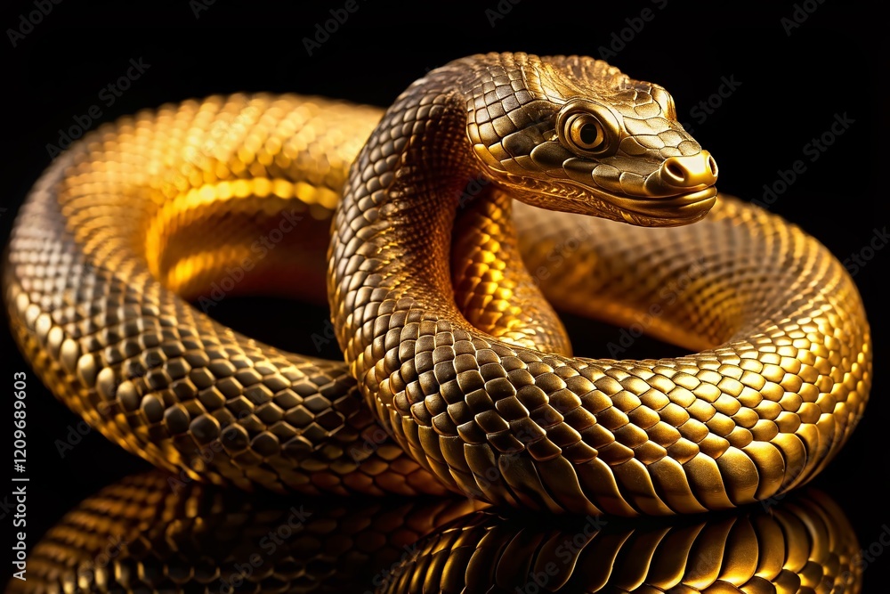 Naklejka premium Elegant Golden Snake Sculpture: Macro Photography of Intricate Scales and Luxurious Sheen