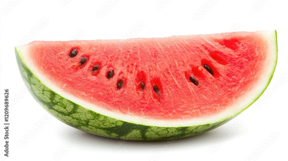Fresh slice of watermelon showcasing vibrant red flesh and black seeds isolated on a clean white background for summer culinary designs. Fresh slice of watermelon showcasing vibrant red flesh and black seeds isolated on a clean white background for summer culinary designs.