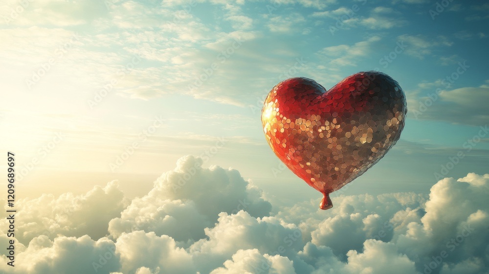 Fototapeta premium A red heart shaped balloon floats above fluffy clouds
