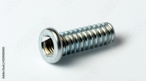 Metal screw with hexagonal head and threaded shaft on a clean white background for industrial and construction themes photo