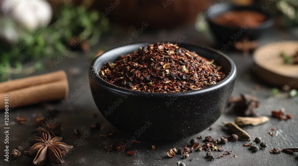 Dry star anise seasoning heap in a black bowl surrounded by herbs and spices on a rustic countertop for culinary and aromatic use. Dry star anise seasoning heap in a black bowl surrounded by herbs and spices on a rustic countertop for culinary and aromatic use.