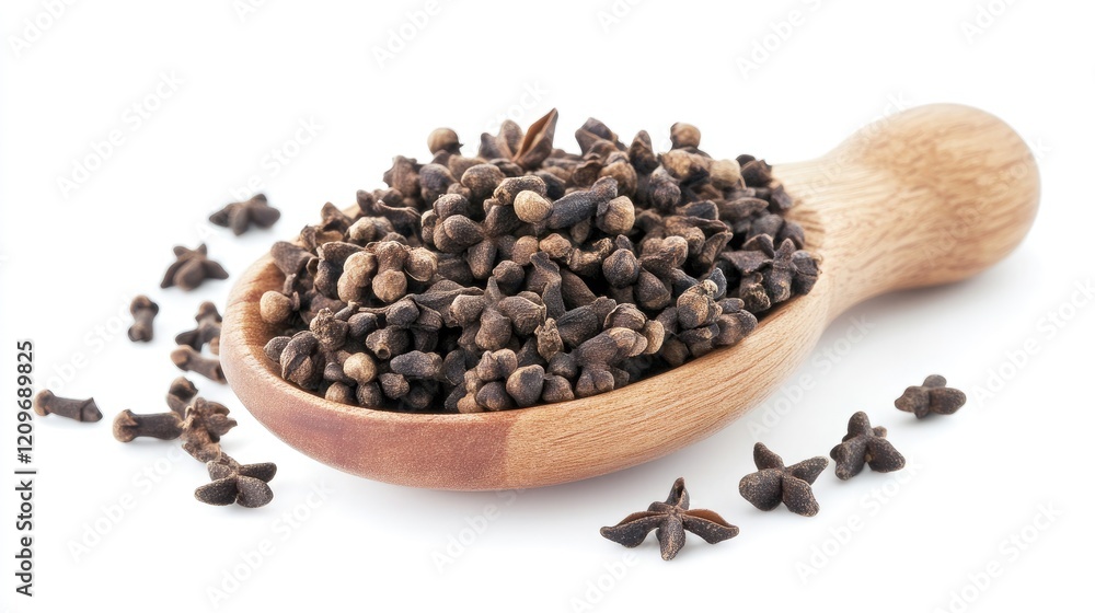 Star anise and cloves in a wooden scoop on white background showcasing spices commonly used in cooking and baking. Star anise and cloves in a wooden scoop on white background showcasing spices commonly used in cooking and baking.