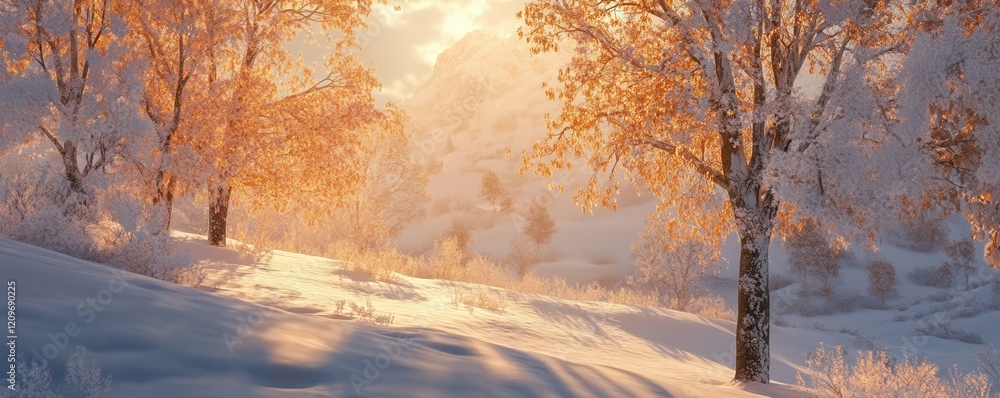 Scenic winter landscape with snow-covered trees and soft sunlight. Scenic winter landscape with snow-covered trees and soft sunlight.