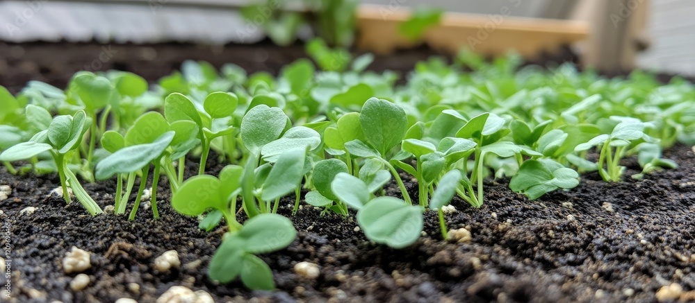 Sprouted green pea microgreens flourishing in a vibrant home garden showcasing their nutritious growth and fresh appearance Sprouted green pea microgreens flourishing in a vibrant home garden showcasing their nutritious growth and fresh appearance