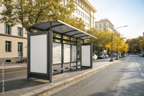 Blank billboard poster advertisement mockups at an empty bus stop shelter along the main road with greenery in the background out of home OOH vertical billboard media display area photo