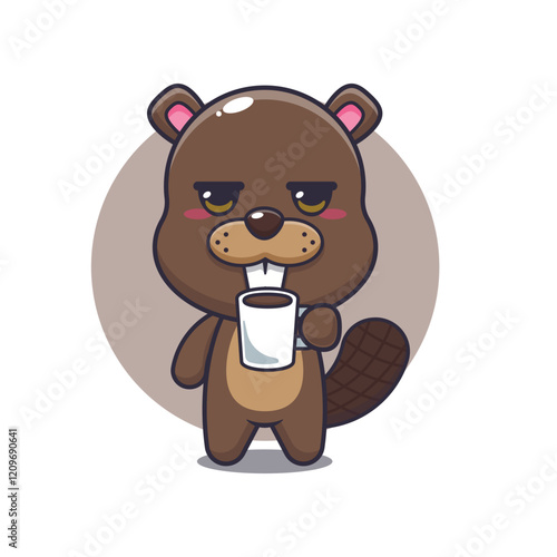 beaver mascot cartoon character vector illustration is tired and sleepy holding coffee.