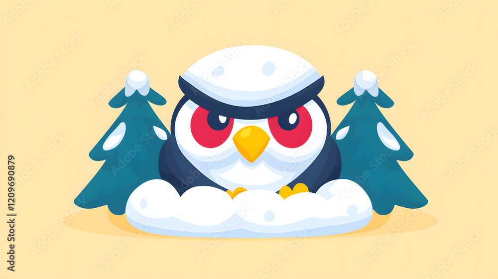 Winter adventure cartoon owl in snowy landscape digital art whimsical environment front view fun concept Winter adventure cartoon owl in snowy landscape digital art whimsical environment front view fun concept
