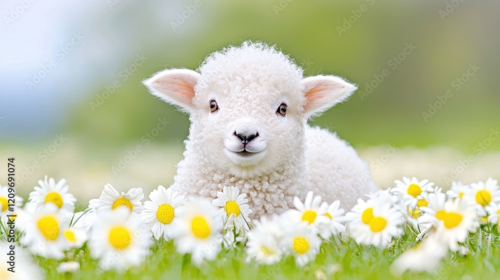 Cute lamb in daisy field, spring meadow, idyllic scene, springtime pasture, perfect for greeting cards Cute lamb in daisy field, spring meadow, idyllic scene, springtime pasture, perfect for greeting cards