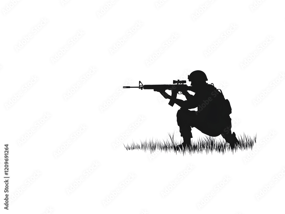 A simple silhouette of a soldier taking aim, symbolizing precision and focus. Soldier taking aim vector.
A simple silhouette of a soldier taking aim, symbolizing precision and focus. Soldier taking aim vector.