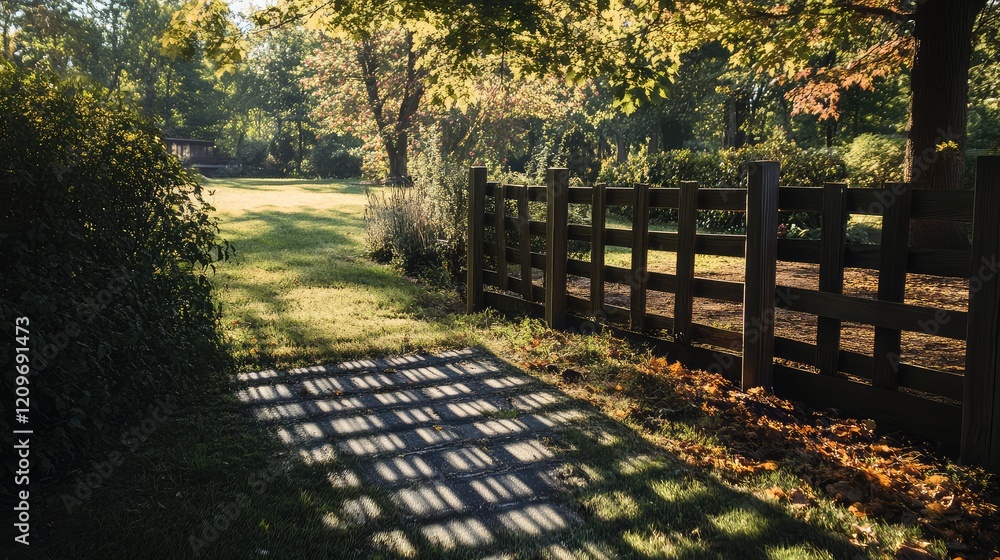 Solar panel casting geometric shadows on a rustic wooden fence in a sunlit yard with vibrant trees in the background during autumn. Solar panel casting geometric shadows on a rustic wooden fence in a sunlit yard with vibrant trees in the background during autumn.