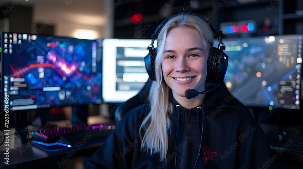 Smiling gamer streams online, home office, night Smiling gamer streams online, home office, night