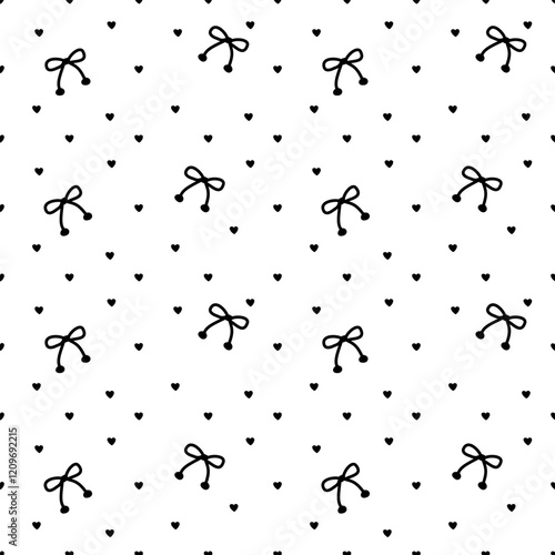 Vector pattern of fabric, wallpaper, wrapping paper, mats and bed sheets, continuous in various sizes and repeatable. Cute style, with cute bows and hearts alternating.