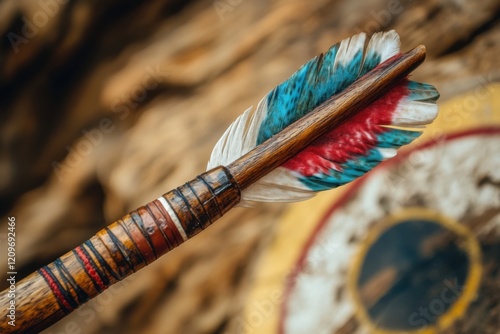 Wooden arrow closeup with colorful feather fletching outdoor archery detailed content natural environment macro viewpoint symbolizing precision and craftsmanship photo