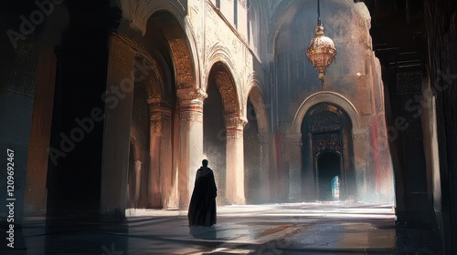 A Solitary Figure in a Grand Hallway