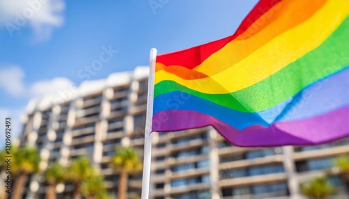 Waving rainbow flag with blurred building complex in the background. Hotel, resort, apartment building or real estate related concept.