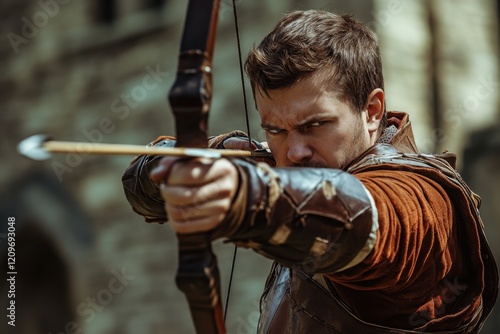 Archer aiming longbow medieval setting action scene outdoor environment close-up perspective dynamic arrow shot concept