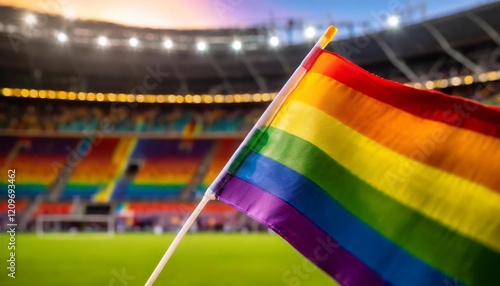 Waving rainbow flag with sport stadium in the background. Gay and LGBT acceptance in sports concept with crowd celebrating and showing support. photo