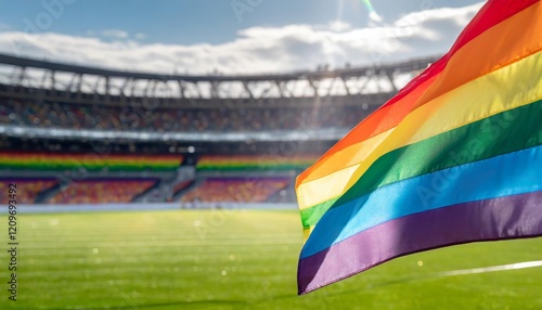 Rainbow flag in a football field and soccer stadium. Gay and LGBT acceptance during a game and match concept with crowd and spectators supporting the community.