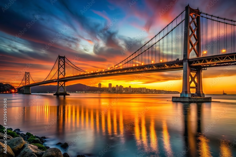 San Francisco Bay Bridge Sunset Panorama, Treasure Island View, Golden Hour, Low Light Photography San Francisco Bay Bridge Sunset Panorama, Treasure Island View, Golden Hour, Low Light Photography