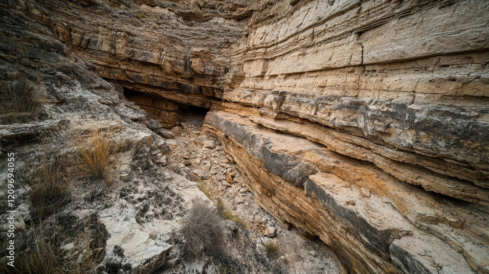 Layered rock formations with dry brush growing on them. Layered rock formations with dry brush growing on them.