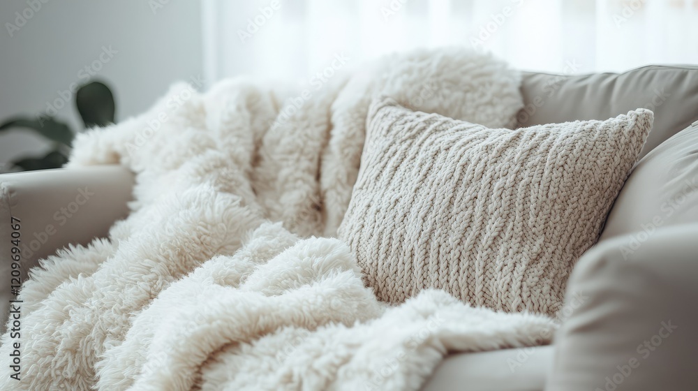 Cozy soft white blanket draped elegantly over a beige sofa with textured light fabric pillow creating a minimalistic home decor aesthetic in a bright living room. Cozy soft white blanket draped elegantly over a beige sofa with textured light fabric pillow creating a minimalistic home decor aesthetic in a bright living room.
