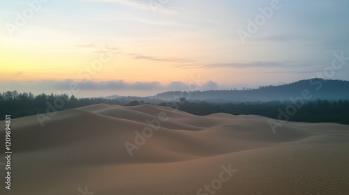 Dreamy twilight over rolling sand dunes creating a serene landscape with soft glow and tranquil atmosphere in nature's beauty photo