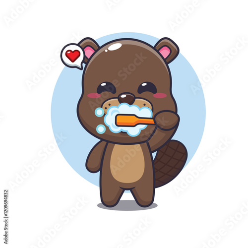 beaver mascot cartoon character vector illustration brushing teeth.