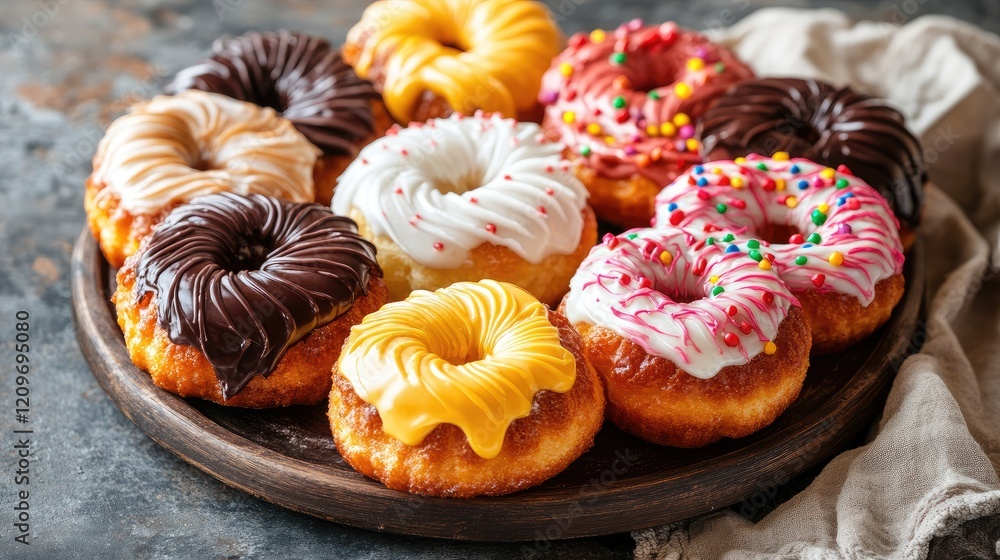 Gourmet French Crullers Variety Displayed with Colorful Icing and Sprinkles on Rustic Wooden Platter Gourmet French Crullers Variety Displayed with Colorful Icing and Sprinkles on Rustic Wooden Platter
