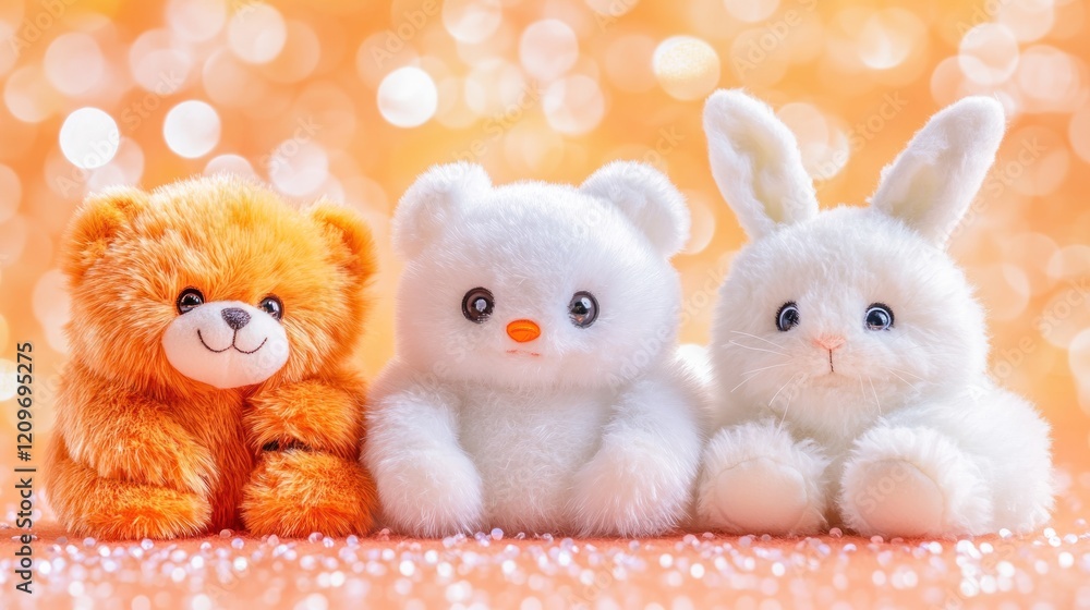 Fototapeta premium Three adorable plush toys, a bear, polar bear, and bunny, sitting together against a bokeh background.