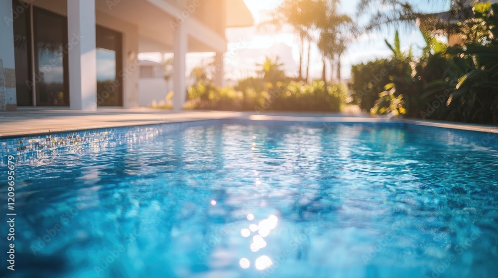 Elegant luxury home with tranquil swimming pool in soft focus showcasing serene outdoor living environment and lush landscaping at sunset Elegant luxury home with tranquil swimming pool in soft focus showcasing serene outdoor living environment and lush landscaping at sunset
