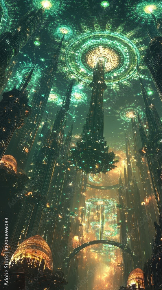 Obraz premium Futuristic Cityscape Underneath A Celestial Dome