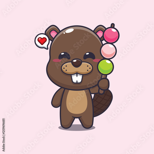 beaver mascot cartoon character vector illustration eating dango.