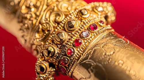 Close-up of a gold sword hilt encrusted with jewelry photo