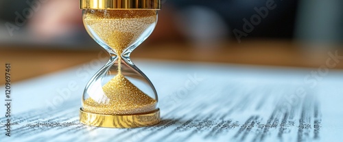 Hourglass on documents, time management concept. photo