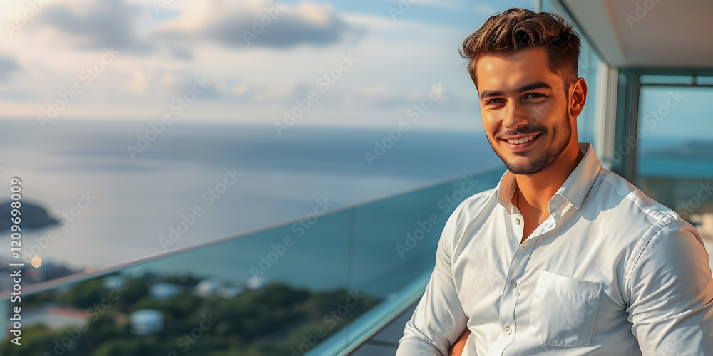Stylish man in white classic shirt, looking at sea view. Confident close-up of young man with blond hair beard, slightly smiling and looking directly into the camera, with a blurred outdoors terrace Stylish man in white classic shirt, looking at sea view. Confident close-up of young man with blond hair beard, slightly smiling and looking directly into the camera, with a blurred outdoors terrace