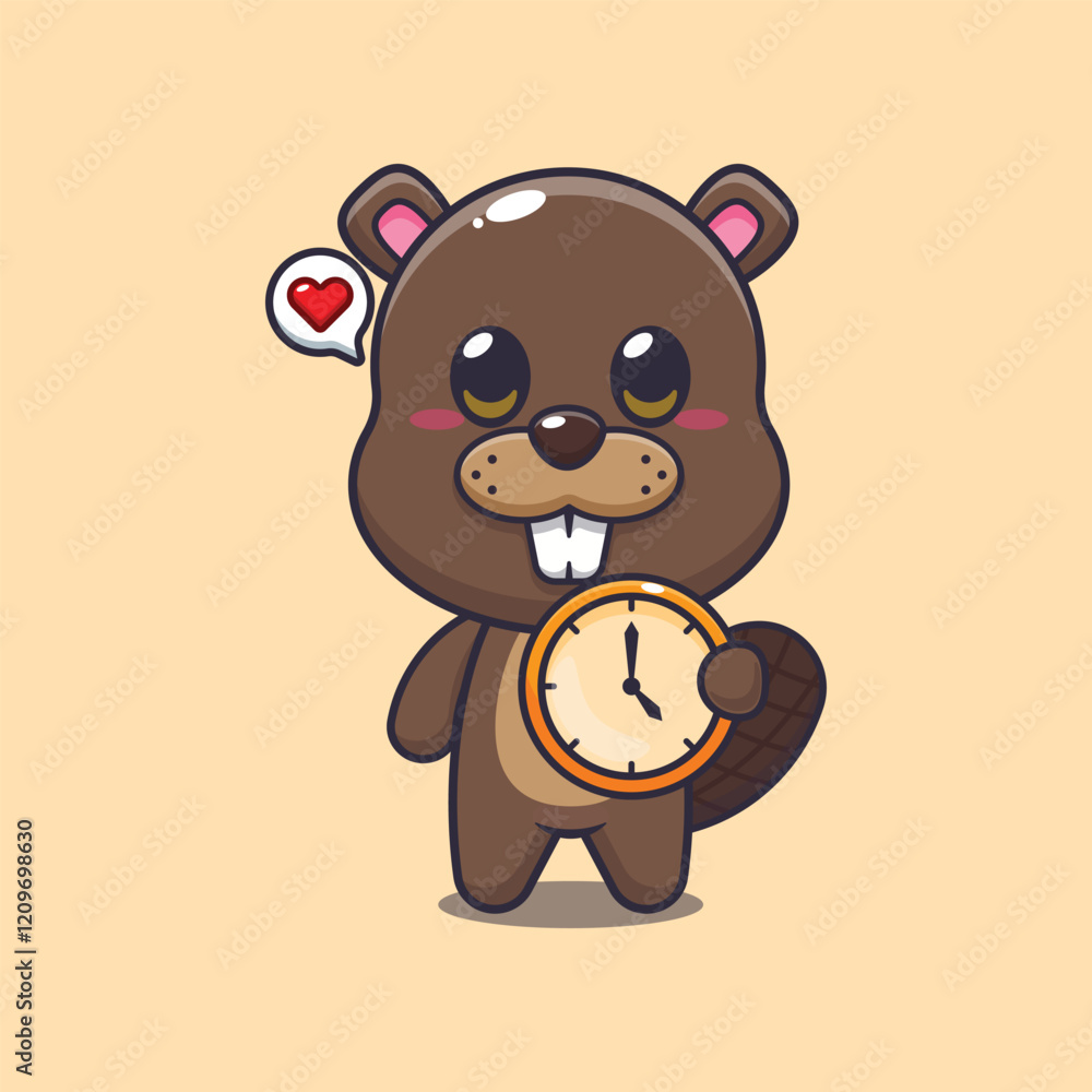 Fototapeta premium beaver mascot cartoon character vector illustration with clock.