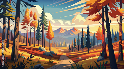 Sunny Forest of Spruce Trees in Autumn, Panorama