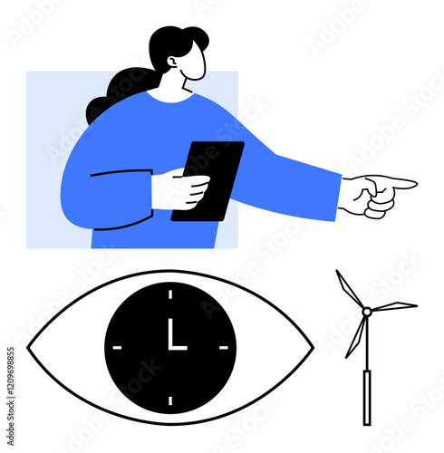 Woman with tablet pointing forward, clock-eye symbol representing time, wind turbine for sustainability. Ideal for leadership, vision, time management, renewable energy, innovation, focus abstract