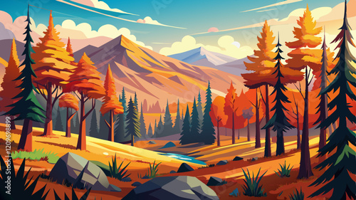 Sunny Forest of Spruce Trees in Autumn, Panorama