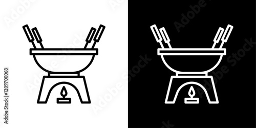 Fondue pot icon set in black and white stroke